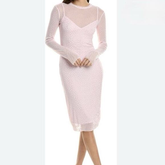 NWT AFRM Los Angeles Long Sleeve Rhinestone Mesh Midi Dress Pink Cherry Blossom - Picture 1 of 9